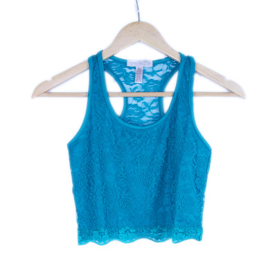 Racerback cropped lace shirt in teal