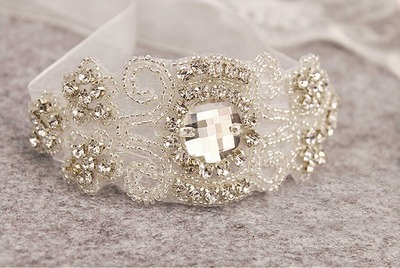 FREE SHIP - Big Rhinestone Crystal Applique Organza Bridal Wedding Bracelet