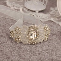 FREE SHIP - Big Rhinestone Crystal Applique Organza Bridal Wedding Bracelet - Thumbnail 2