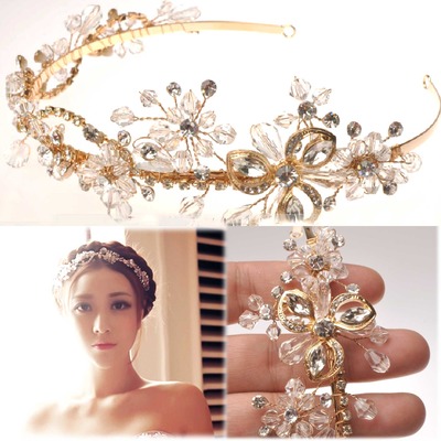 GOLD FLOWER BRIDAL WEDDING TIARA RHINESTONE CRYSTAL HAIR HEADBAND
