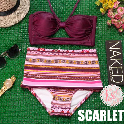 Scarlet - retro vintage pin up handmade maroon burgundy wine red abstract cut out bandeau high waist bikini swimsuit swimwear