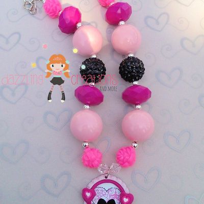 Pink valentine mustache chunky necklace set/bubblegum beads/girls jewelry/boutique hair bows