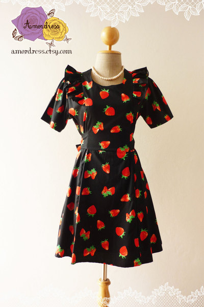 SALE TODAY Strawberry Girly Dress Black with Red Strawberry Party Tea Dress Vintage Inspired Dress Sleeve Dress-Size S-