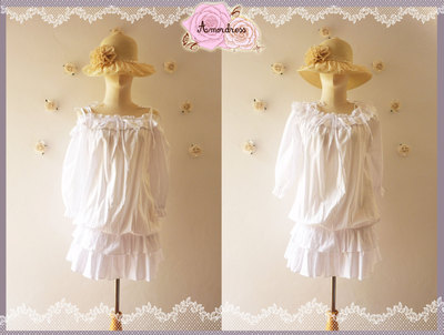 My Baby Doll Lady Open Shoulder Pure White Cotton Tunic Blouse Summer Blouse Beach Dress Feminine Design - Free Size S-L