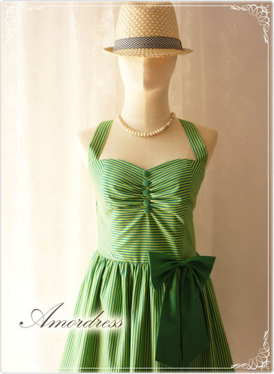 Green Dress stripe Summer Dress Party Dress Green Shade Stripe Every Day ..Once Upon A Time -Size XS,S,M,L,Custom-