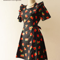 SALE TODAY Strawberry Girly Dress Black with Red Strawberry Party Tea Dress Vintage Inspired Dress Sleeve Dress-Size S- - Thumbnail 1