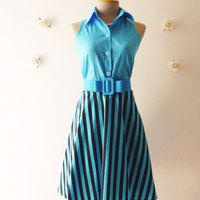 Summer Dress Blue Shirt Dress Black Blue Retro Stripe Dress Vintage Inspired Dress Party Dress Cotton Dress - Size XS-S - Thumbnail 1
