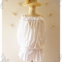 My Baby Doll Lady Open Shoulder Pure White Cotton Tunic Blouse Summer Blouse Beach Dress Feminine Design - Free Size S-L - Thumbnail 1