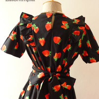 SALE TODAY Strawberry Girly Dress Black with Red Strawberry Party Tea Dress Vintage Inspired Dress Sleeve Dress-Size S- - Thumbnail 3