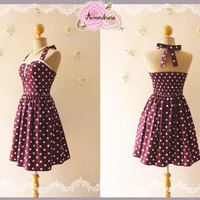 Wine Dress Purple Tea Dress Classic Polka Dot Dress Bridesmaid Summer Dress Eggplant Dress Scarlet Purple Party Dress-Range XS-XL, Custom - Thumbnail 3