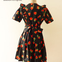 SALE TODAY Strawberry Girly Dress Black with Red Strawberry Party Tea Dress Vintage Inspired Dress Sleeve Dress-Size S- - Thumbnail 4
