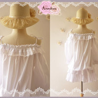 My Baby Doll Lady Open Shoulder Pure White Cotton Tunic Blouse Summer Blouse Beach Dress Feminine Design - Free Size S-L - Thumbnail 4