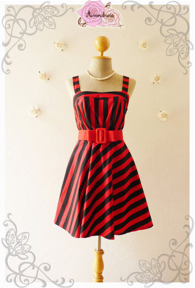The Beach Party Summer Mini Dress Red Stripe Dress Summer Dress Sweet Heart Bustline Retro Dress Belt Included Beach Party Dress -Size XS-S