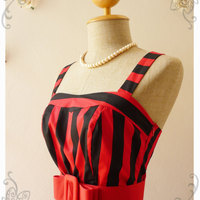 The Beach Party Summer Mini Dress Red Stripe Dress Summer Dress Sweet Heart Bustline Retro Dress Belt Included Beach Party Dress -Size XS-S - Thumbnail 3