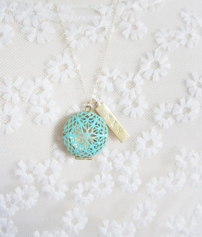 Turquoise filigree locket with personalized brass bar 