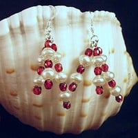 White Pearl & Garnet Red Earrings - Thumbnail 1