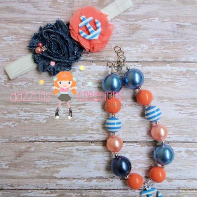 Coral anchor chunky necklace hair candy set/nautical/photo prop/bubblegum beads/girls jewelry/boutique hair bows