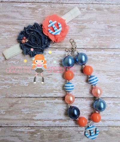Coral anchor chunky necklace hair candy set/nautical/photo prop/bubblegum beads/girls jewelry/boutique hair bows