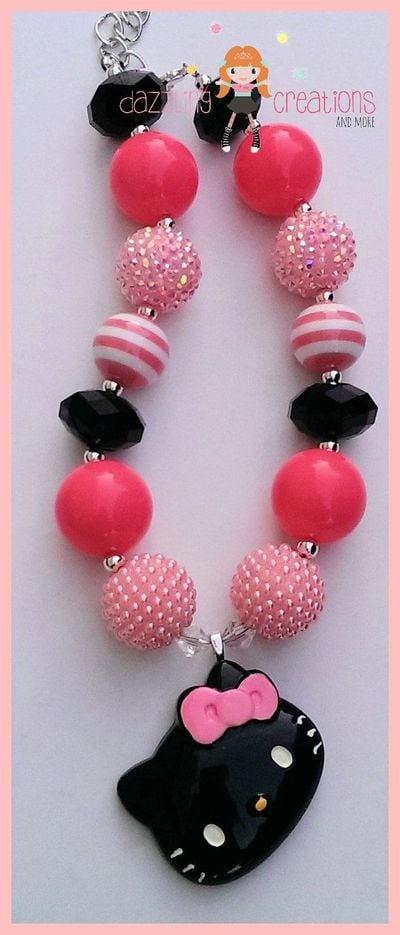 Black kitty pendant chunky necklace/bubblegum beads/girls jewelry