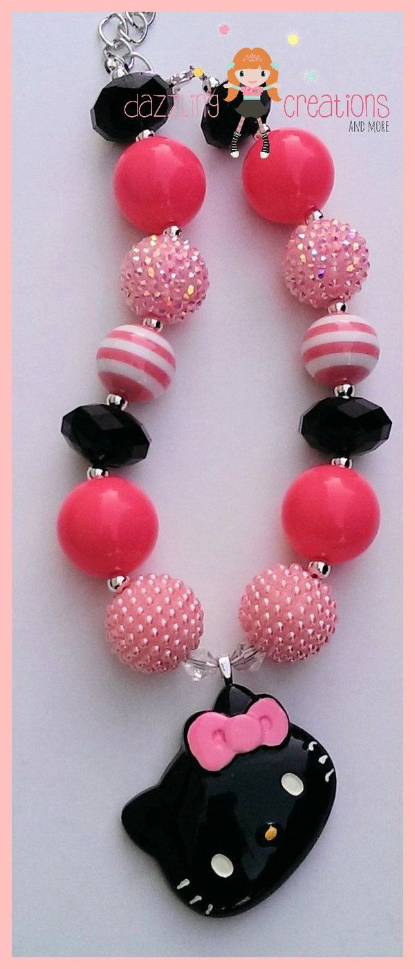 Black Kitty Pendant Chunky Necklace/Bubblegum Beads/Girls Jewelry