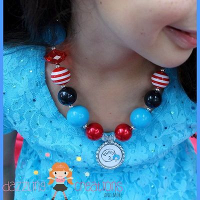 Dr. seuss thing 1 and 2 inspired pendant chunky necklace/bubblegum beads/girls jewelry
