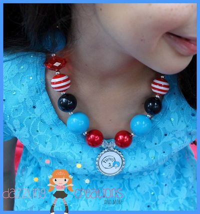 Dr. seuss thing 1 and 2 inspired pendant chunky necklace/bubblegum beads/girls jewelry