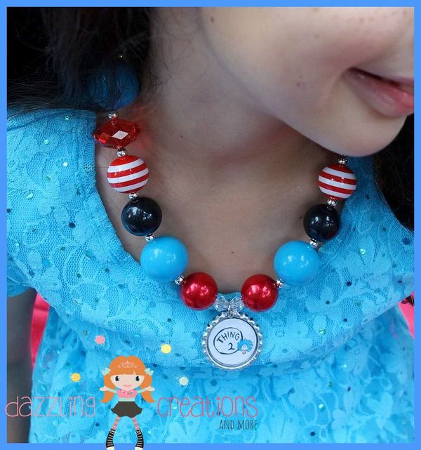 Dr. Seuss Thing 1 and 2 Inspired Pendant Chunky Necklace/Bubblegum Beads/Girls Jewelry