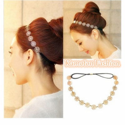 Lovely metallic hollow rose flower elastic hairband 