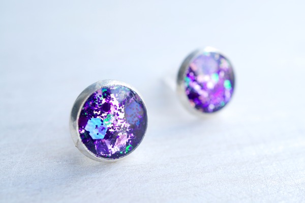 Small Purple Glitter Silver Stud Earrings