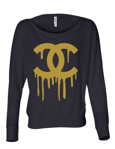 Ladies CC Drip Off the Shoulder Black with Metallic Gold Print Plus Size REDUCED REDUCED