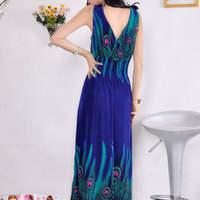 Royal Blue Peacock Maxi Dress - Thumbnail 1