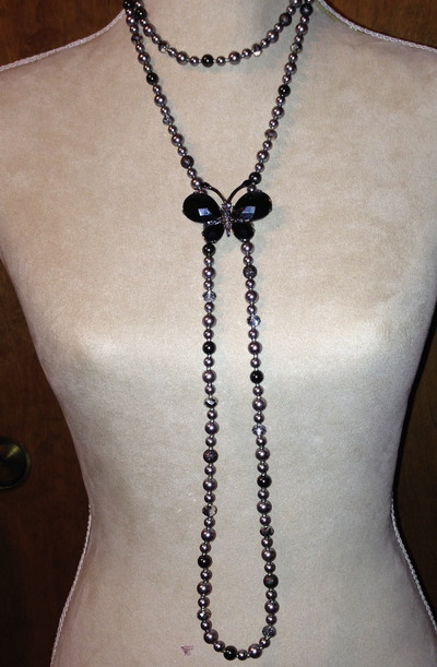 Gray Bead Necklace with Butterfly Pendant