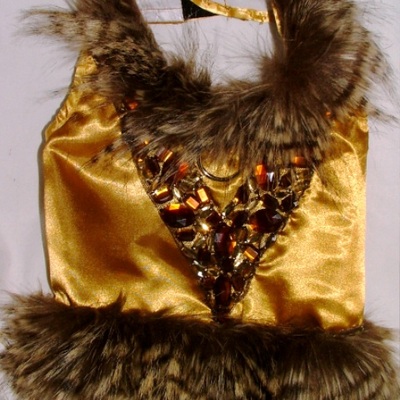 Feather faux fur gold satin vest/harness 