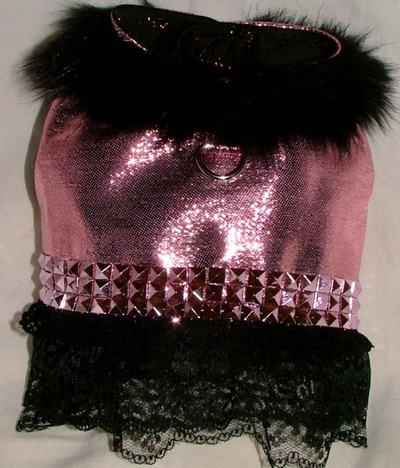 Pink lame and black fur vest/harness 