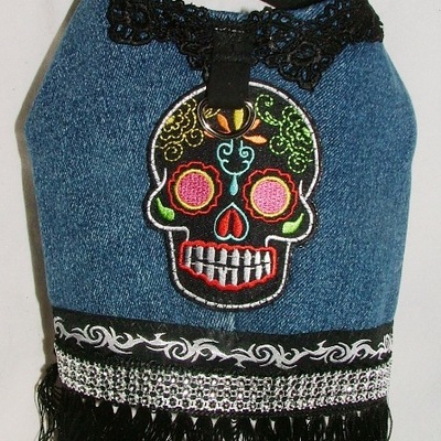 Day of the dead vest/harness in denim