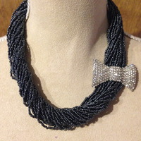 Black Multi Chain with Flashy Bow Tie Brooch - Thumbnail 1