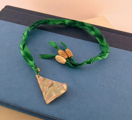 Green Ribbon Bookmark with MOP Triangle Shell and Carved Bone