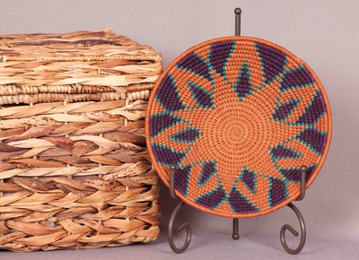 Woven grass bowl - burnt orange, deep plum, & green