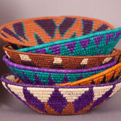 Woven grass bowl - royal purple & teal