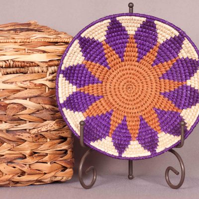 Woven grass bowl - purple, burnt sienna, & cream