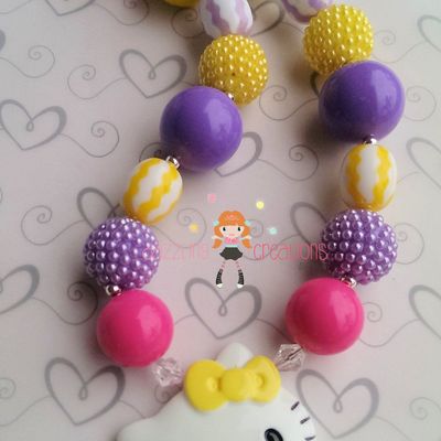 Spring yellow kitty pendant chunky necklace/bubblegum beads/girls jewelry