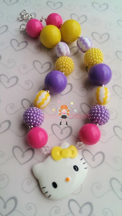 Spring yellow kitty pendant chunky necklace/bubblegum beads/girls jewelry