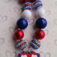 4th of July Red White Blue Patriotic Flip Flops Chunky Necklace and Hair Flower Clip - Thumbnail 1