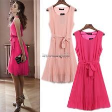  pleated chiffon bow belt sleeveless skirt vest casual mini dress 