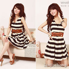 2014 sleeveless stripe casual chiffon summer with belt mini dress (2 colors)