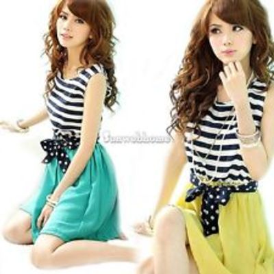  chiffon sleeveless crew neck casual stripes vest sundress mini dress