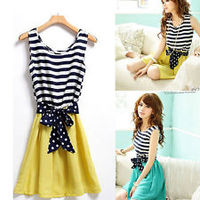  Chiffon Sleeveless Crew Neck Casual Stripes Vest Sundress Mini Dress - Thumbnail 1