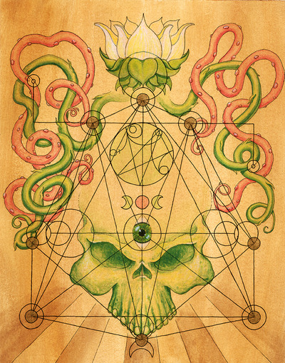 "Green Skull with lotus and vines" - print
