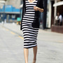 Women Fashion U Shape Neck Black and White Stripe Sleeve Ankle Length Dress YL-1029161-22-Black-1