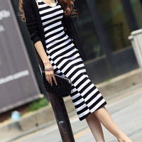 Women Fashion U Shape Neck Black and White Stripe Sleeve Ankle Length Dress YL-1029161-22-Black - Thumbnail 4